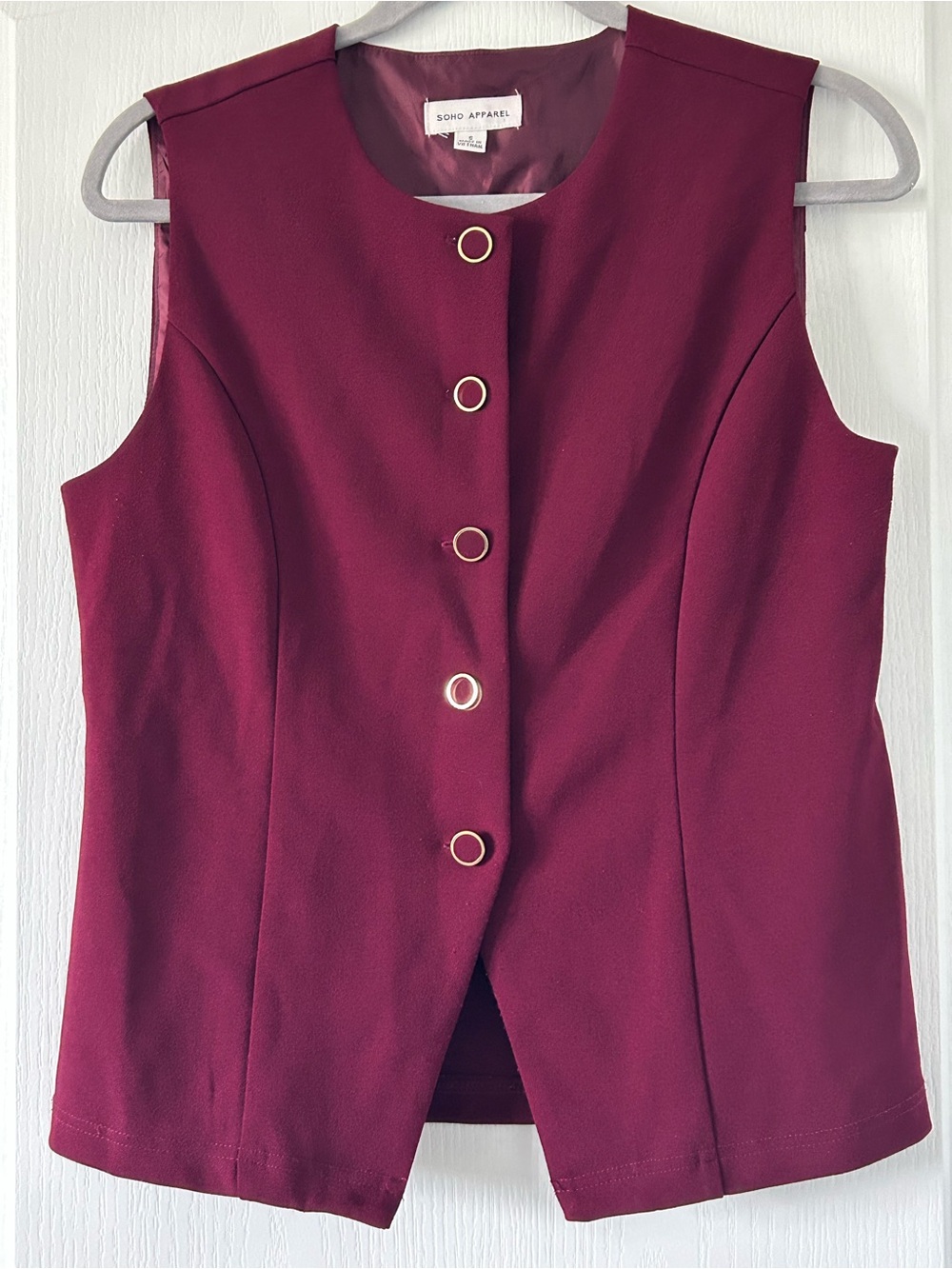 Soho Apparel Burgundy Sleeveless Button Front Vest with Gold-Tone Trim